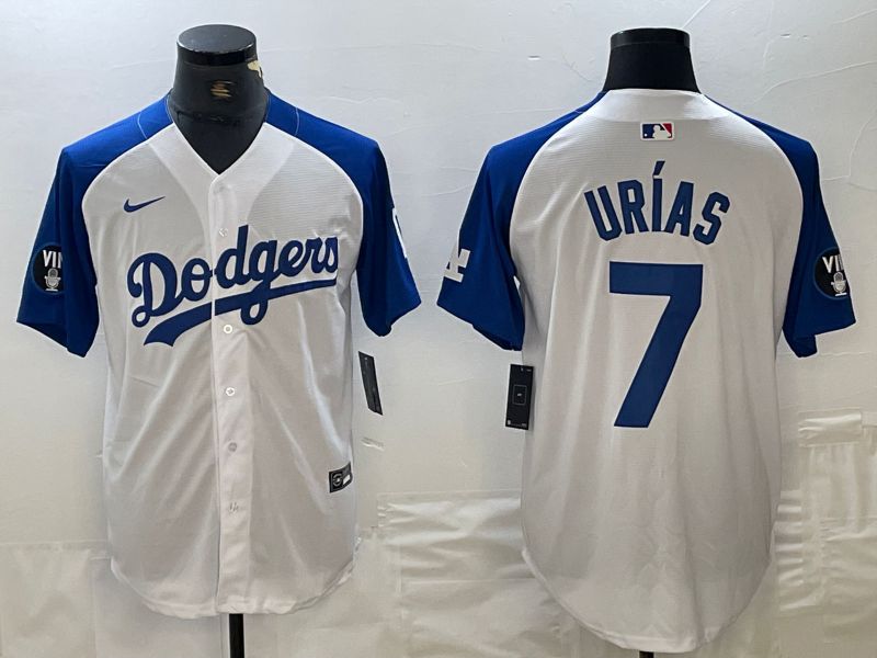Men Los Angeles Dodgers 7 Urias White blue Fashion Nike Game MLB Jersey style 1